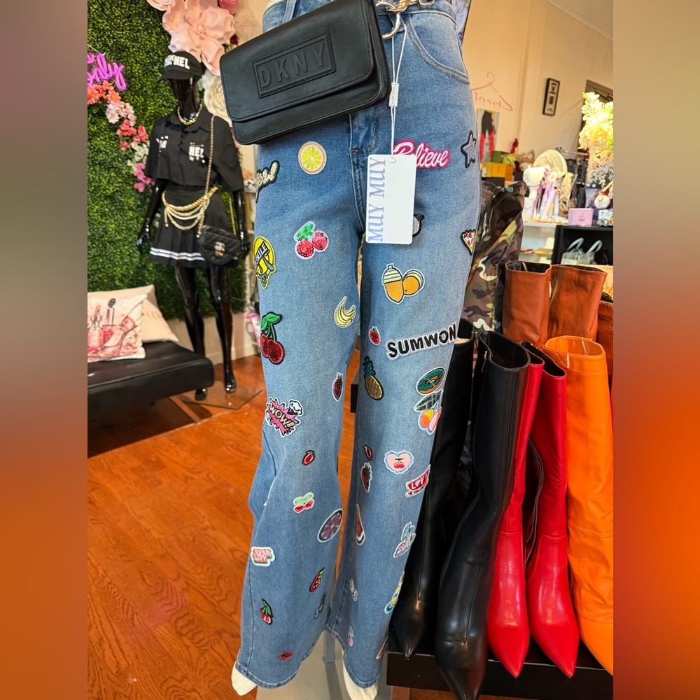 MUY MUY Blue Flare Jeans with Colorful Patches